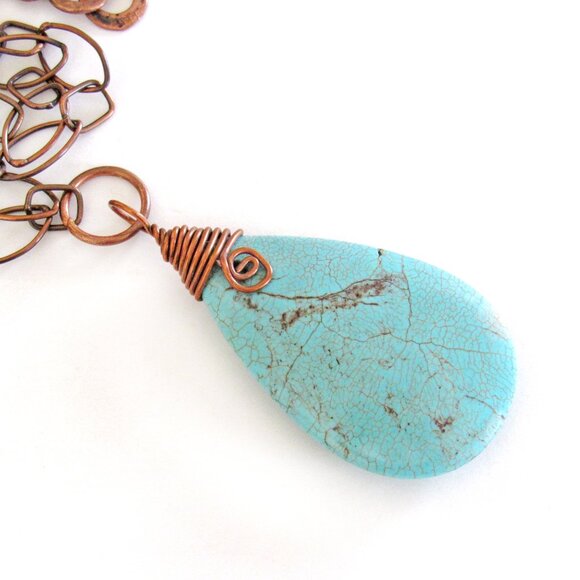 Handmade Wire Wrapped Turquoise Magnesite Stone Pendant on Copper Chain Necklace - Picture 4 of 4